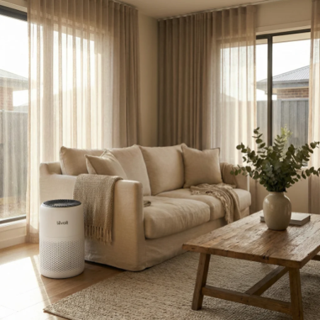 Air purifier in modern Australian living room removing dust particles in sunlight